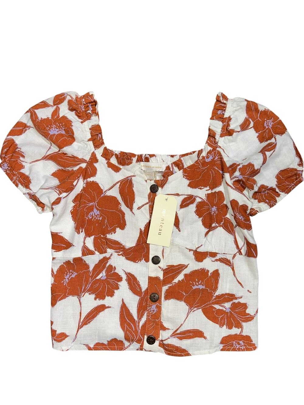 NWT Monteau Floral Linen Blend Puff Sleeve Button Front Crop Top Size S